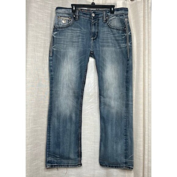 Rock Revival Marcy Straight Fit Jeans Distressed Medium Wash Denim Men's Size 38 - Picture 2 of 13